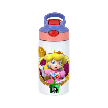 Princess Peach Toadstool, Παιδικό παγούρι θερμό, ανοξείδωτο, με καλαμάκι ασφαλείας, ροζ/μωβ (350ml)