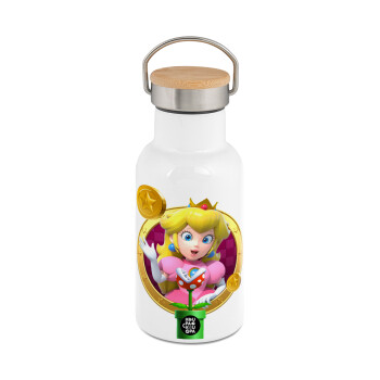 Princess Peach Toadstool, Μεταλλικό παγούρι θερμός (Stainless steel) Λευκό με ξύλινο καπακι (bamboo), διπλού τοιχώματος, 350ml