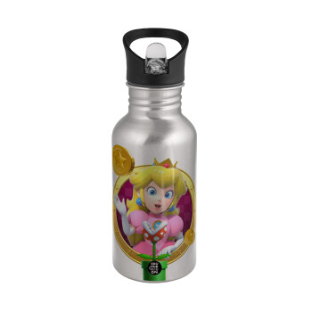 Princess Peach Toadstool, Water bottle Silver with straw, stainless steel 500ml