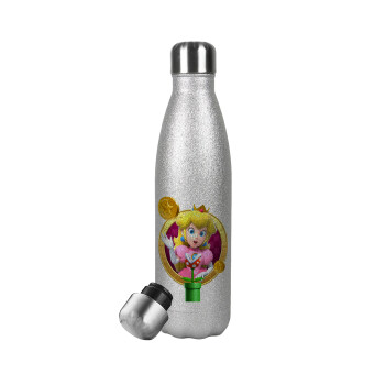 Princess Peach Toadstool, Μεταλλικό παγούρι θερμός Glitter Aσημένιο (Stainless steel), διπλού τοιχώματος, 500ml