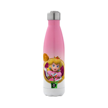 Princess Peach Toadstool, Μεταλλικό παγούρι θερμός Ροζ/Λευκό (Stainless steel), διπλού τοιχώματος, 500ml