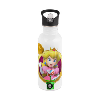 Princess Peach Toadstool, Παγούρι νερού Λευκό με καλαμάκι, ανοξείδωτο ατσάλι 600ml