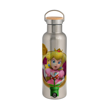 Princess Peach Toadstool, Stainless steel Silver with wooden lid (bamboo), double wall, 750ml