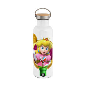 Princess Peach Toadstool, Stainless steel White with wooden lid (bamboo), double wall, 750ml