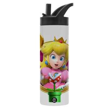 Princess Peach Toadstool, Metallic thermos bottle with straw & handle, stainless steel (Stainless steel 304), double-walled, 600ml.