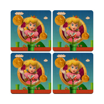 Princess Peach Toadstool, ΣΕΤ x4 Σουβέρ ξύλινα τετράγωνα plywood (9cm)