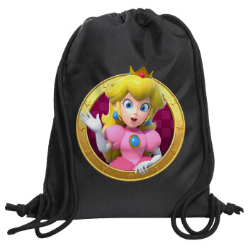Princess Peach Toadstool, Τσάντα πλάτης πουγκί GYMBAG Μαύρη, με τσέπη (40x48cm) & χονδρά κορδόνια