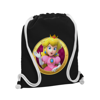 Princess Peach Toadstool, Τσάντα πλάτης πουγκί GYMBAG Μαύρη, με τσέπη (40x48cm) & χονδρά λευκά κορδόνια