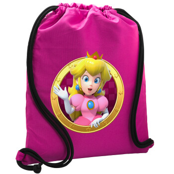 Princess Peach Toadstool, Backpack pouch GYMBAG Fuchsia, with pocket (40x48cm) & thick cords