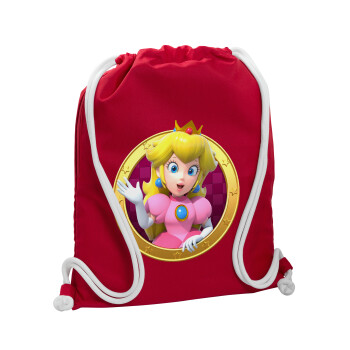 Princess Peach Toadstool, Τσάντα πλάτης πουγκί GYMBAG Κόκκινη, με τσέπη (40x48cm) & χονδρά κορδόνια