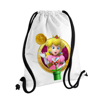 Princess Peach Toadstool, Τσάντα πλάτης πουγκί GYMBAG λευκή, με τσέπη (40x48cm) & χονδρά κορδόνια