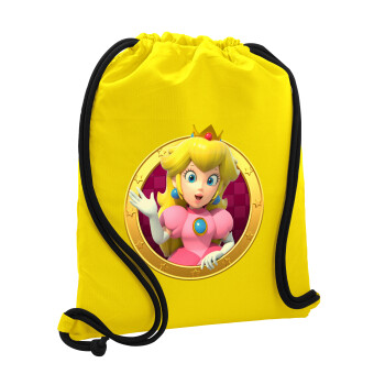 Princess Peach Toadstool, Τσάντα πλάτης πουγκί GYMBAG Κίτρινη, με τσέπη (40x48cm) & χονδρά κορδόνια