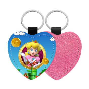 Princess Peach Toadstool, Μπρελόκ PU δερμάτινο glitter καρδιά ΡΟΖ