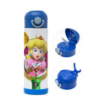 Princess Peach Toadstool, Children's hot water bottle, stainless steel, with safety straw, BLUE (500ml)