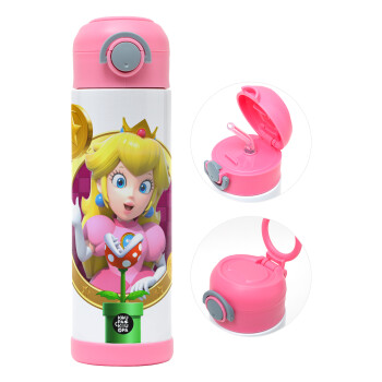 Princess Peach Toadstool, Παιδικό παγούρι θερμό, ανοξείδωτο, με καλαμάκι ασφαλείας, ΡΟΖ (500ml)