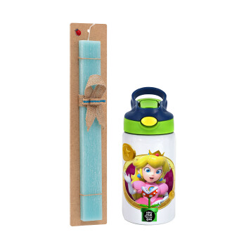 Princess Peach Toadstool, Easter Set, Children's thermal stainless steel bottle with safety straw, green/blue (350ml) & aromatic flat Easter candle (30cm) (TURQUOISE)