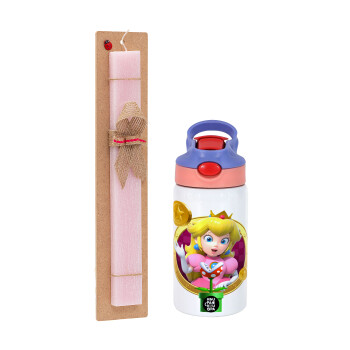 Princess Peach Toadstool, Easter Set, Children's thermal stainless steel water bottle with safety straw, pink/purple (350ml) & Easter scented flat candle (30cm) (PINK)