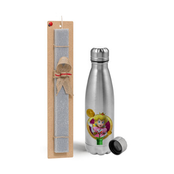 Princess Peach Toadstool, Easter Set, metallic Inox water bottle (750ml) & aromatic flat Easter candle (30cm) (GRAY)