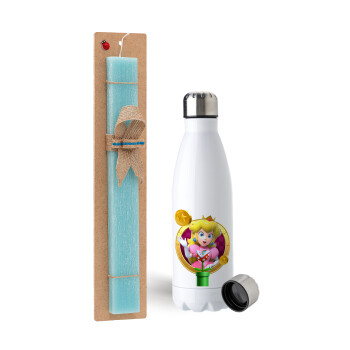 Princess Peach Toadstool, Easter Set, metallic stainless steel water bottle (750ml) & aromatic flat Easter candle (30cm) (TURQUOISE)
