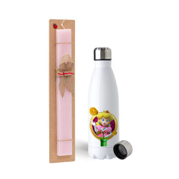 Princess Peach Toadstool, Easter Set, metallic stainless steel water bottle (750ml) & scented flat Easter candle (30cm) (PINK)