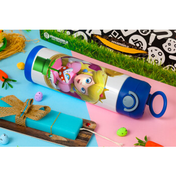 Princess Peach Toadstool, Easter candle, Childrens hot water bottle, stainless steel, with safety straw, BLUE (500ml)