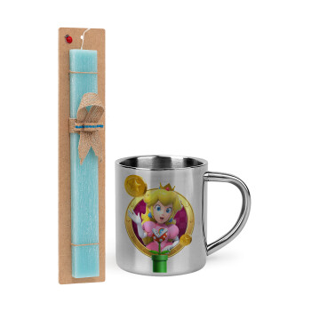 Princess Peach Toadstool, Easter Set, metallic thermal cup (300ml) & aromatic flat Easter candle (30cm) (TURQUOISE)