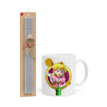 Princess Peach Toadstool, Easter Set, Ceramic Cup (330ml) & Easter aromatic flat candle (30cm) (GRAY)