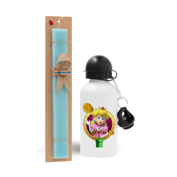 Princess Peach Toadstool, Easter Set, metallic aluminum water bottle (500ml) & scented flat candle (30cm) (TURQUOISE)