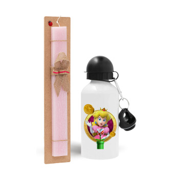 Princess Peach Toadstool, Πασχαλινό Σετ, παγούρι μεταλλικό αλουμινίου (500ml) & πασχαλινή λαμπάδα αρωματική πλακέ (30cm) (ΡΟΖ)