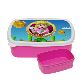 Princess Peach Toadstool, ΡΟΖ παιδικό δοχείο φαγητού (lunchbox) πλαστικό (BPA-FREE) Lunch Βox M18 x Π13 x Υ6cm