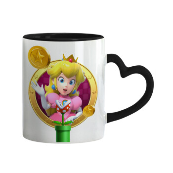Princess Peach Toadstool, Κούπα καρδιά χερούλι μαύρη, κεραμική, 330ml