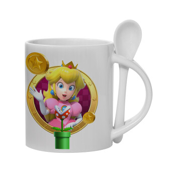 Princess Peach Toadstool, Ceramic coffee mug with Spoon, 330ml (1pcs)