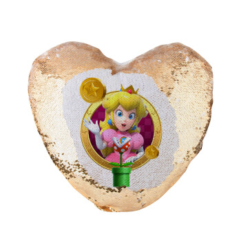 Princess Peach Toadstool, Μαξιλάρι καναπέ καρδιά Μαγικό Χρυσό με πούλιες 40x40cm περιέχεται το  γέμισμα