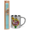 Easter Set, metallic thermal cup (300ml) & aromatic flat Easter candle (30cm) (TURQUOISE)