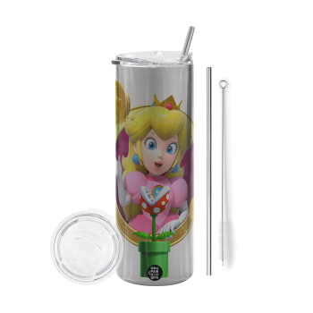 Princess Peach Toadstool, Tumbler ποτήρι θερμό Ασημένιο από ανοξείδωτο ατσάλι 600ml, με μεταλλικό καλαμάκι & βούρτσα καθαρισμού