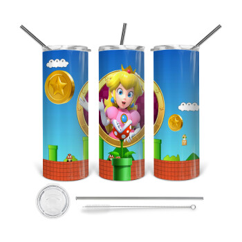 Princess Peach Toadstool, 360 Eco friendly stainless steel tumbler 600ml, with metal straw & cleaning brush