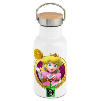 Princess Peach Toadstool, Metallic thermos (Stainless steel) White with wooden lid (bamboo), double-walled, 350ml