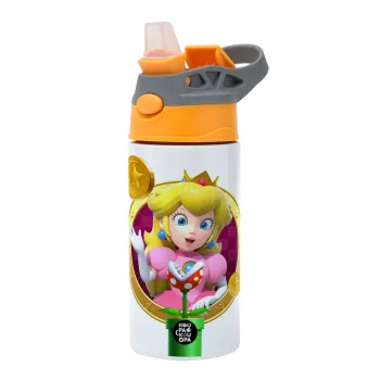 Princess Peach Toadstool, Παιδικό παγούρι θερμό, ανοξείδωτο, με καλαμάκι ασφαλείας, Πορτοκαλί/Γκρι (360ml) BPA-FREE