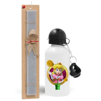 Princess Peach Toadstool, Easter Set, metallic aluminum water bottle (500ml) & aromatic flat Easter candle (30cm) (GRAY)