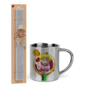 Princess Peach Toadstool, Easter Set, metallic thermal cup (300ml) & Easter aromatic flat candle (30cm) (GRAY)