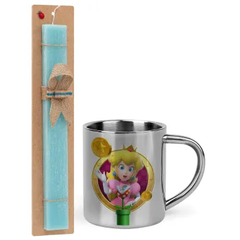 Princess Peach Toadstool, Easter Set, metallic thermal cup (300ml) & aromatic flat Easter candle (30cm) (TURQUOISE)