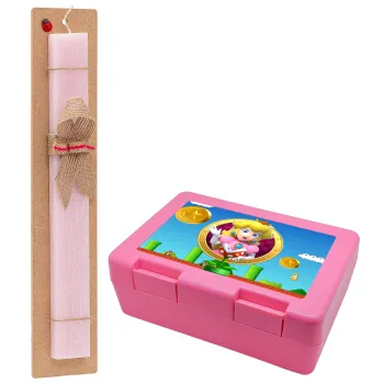Princess Peach Toadstool, Easter Set, children's snack container PINK & scented flat Easter candle (30cm) (PINK)