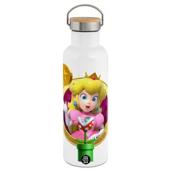 Princess Peach Toadstool, Stainless steel White with wooden lid (bamboo), double wall, 750ml