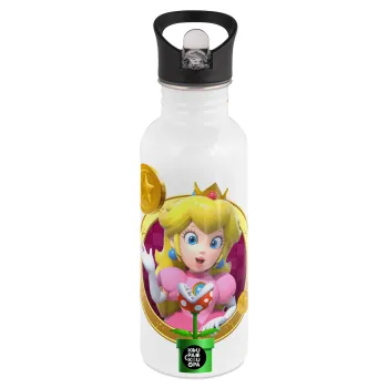 Princess Peach Toadstool, White water bottle with straw, stainless steel 600ml