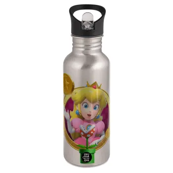 Princess Peach Toadstool, Παγούρι νερού Ασημένιο με καλαμάκι, ανοξείδωτο ατσάλι 600ml