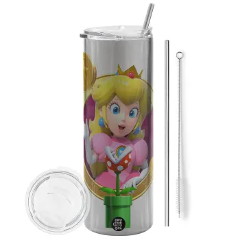Princess Peach Toadstool, Tumbler ποτήρι θερμό Ασημένιο από ανοξείδωτο ατσάλι 600ml, με μεταλλικό καλαμάκι & βούρτσα καθαρισμού