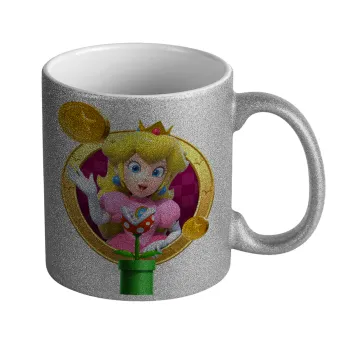 Princess Peach Toadstool, Κούπα Ασημένια Glitter που γυαλίζει, κεραμική, 330ml