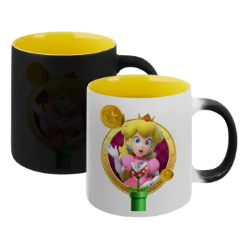 Princess Peach Toadstool, Κούπα Μαγική εσωτερικό κίτρινη, κεραμική 330ml που αλλάζει χρώμα με το ζεστό ρόφημα