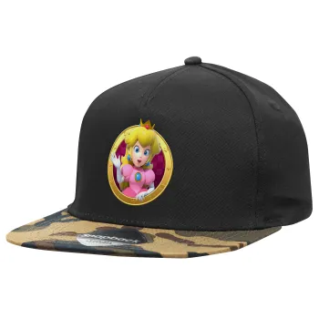 Princess Peach Toadstool, Adult Flat Snapback Hat Black/Camouflage, (100% COTTON TWILL, ADULT, UNISEX, ONE SIZE)