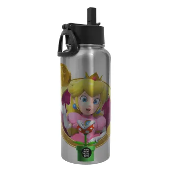 Princess Peach Toadstool, Μεταλλικό παγούρι θερμός Silver με καλαμάκι και χερούλι (Stainless steel), διπλού τοιχώματος, 950ml